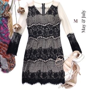 May & July Black Lace Sheer Cream Sleeve Dress Sz M